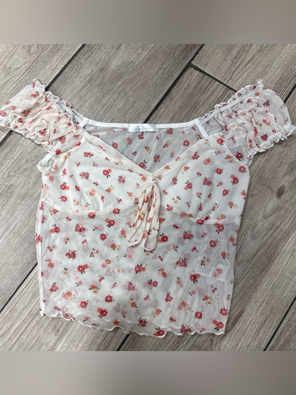 Blue Jasmine Floral Mesh Crop Top Off Shoulder Tie Front Ruffle Coquette SZ M